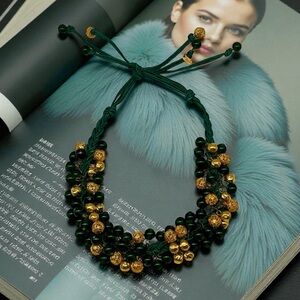Yves Saint Laurent YSL Vtg Green Mohair Cord Gold Green Bead Statement Necklace